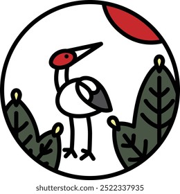 Color circular mini hanafuda Mutsuki pine and crane January pine and crane