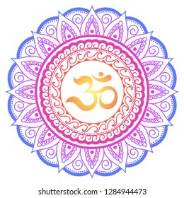 Color Circular pattern in form of mandala with ancient Hindu mantra OM and lotus flower for Henna, Mehndi, tattoo, decoration. Decorative ornament in oriental style.