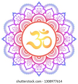 Color Circular pattern in form of mandala with ancient Hindu mantra OM and lotus flower for Henna, Mehndi, decoration. Decorative ornament in oriental style. Rainbow design on white background.