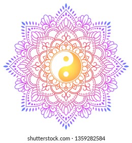 Color Circular pattern in form of mandala with ancient hand drawn symbol Yin-yang for decoration. Decorative ornament in oriental style. Rainbow design on white background.