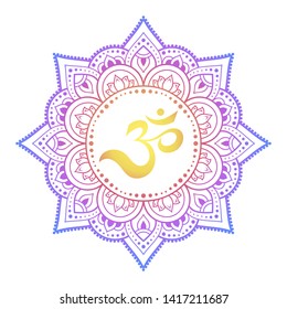 Color Circular pattern in form of mandala with ancient Hindu mantra OM and lotus flower for Henna, Mehndi, decoration. Decorative ornament in oriental style. Rainbow design on white background.