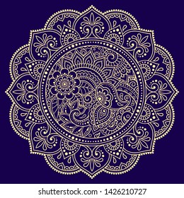 Color circular pattern in form of mandala with flower for decoration or print. Decorative ornament in ethnic oriental style. Gold design on blue background.