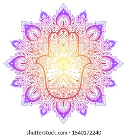 Color Circular pattern in form of mandala with ancient hand drawn symbol Hamsa for decoration. Decorative ornament in oriental style. Rainbow design on white background. "Hand of Fatima".