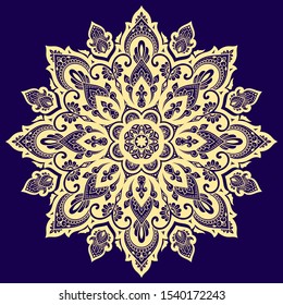 Color circular pattern in form of mandala with flower for decoration or print. Decorative ornament in ethnic oriental style. Gold design on blue background.