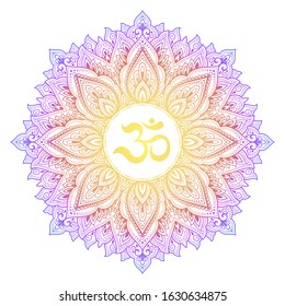 Color Circular pattern in form of mandala with ancient Hindu mantra OM and lotus flower for Henna, Mehndi, decoration. Decorative ornament in oriental style. Rainbow design on white background.