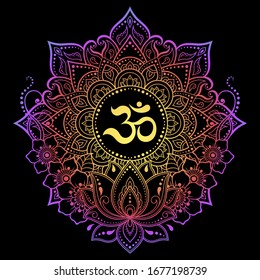 Color Circular pattern in form of mandala with ancient Hindu mantra OM and lotus flower for Henna, Mehndi, decoration. Decorative ornament in oriental style. Rainbow design on black background.