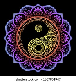 Color Circular pattern in form of mandala with ancient hand drawn symbol Yin-yang for decoration. Decorative ornament in oriental style. Rainbow design on black background.