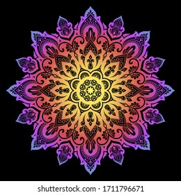 Color circular pattern in form of mandala with flower for decoration or print. Decorative ornament in ethnic oriental style. Rainbow design on black background.