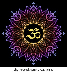 Color Circular pattern in form of mandala with ancient Hindu mantra OM and lotus flower for Henna, Mehndi, decoration. Decorative ornament in oriental style. Rainbow design on black background.