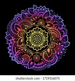 Color circular pattern in form of mandala with flower for decoration or print. Decorative ornament in ethnic oriental style. Rainbow design on black background.