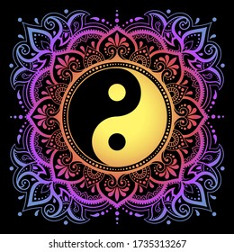 Color Circular pattern in form of mandala with ancient hand drawn symbol Yin-yang for decoration. Decorative ornament in oriental style. Rainbow design on black background.