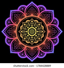 Color circular pattern in form of mandala with flower for decoration or print. Decorative ornament in ethnic oriental style. Rainbow design on black background.