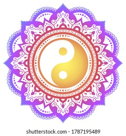 Color Circular pattern in form of mandala with ancient hand drawn symbol Yin-yang for decoration. Decorative ornament in oriental style. Rainbow design on white background.