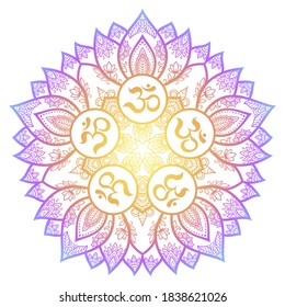 Color Circular pattern in form of mandala with ancient Hindu mantra OM and lotus flower for Henna, Mehndi, decoration. Decorative ornament in oriental style. Rainbow design on white background.