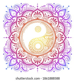 Color Circular pattern in form of mandala with ancient hand drawn symbol Yin-yang for decoration. Decorative ornament in oriental style. Rainbow design on white background.