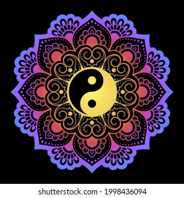 Color Circular pattern in form of mandala with ancient hand drawn symbol Yin-yang for decoration. Decorative ornament in oriental style. Rainbow design on black background.