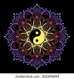 Color Circular pattern in form of mandala with ancient hand drawn symbol Yin-yang for decoration. Decorative ornament in oriental style. Rainbow design on black background.