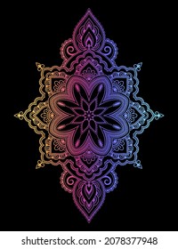 Color circular pattern in form of mandala with flower for decoration or print. Decorative ornament in ethnic style. Rainbow design on black background.