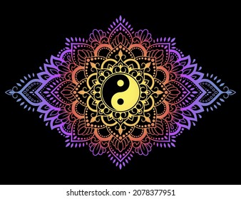 Color Circular pattern in form of mandala with ancient hand drawn symbol Yin-yang for decoration. Decorative ornament in style. Rainbow design on black background.