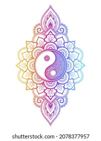 Color Circular pattern in form of mandala with ancient hand drawn symbol Yin-yang for decoration. Decorative ornament in style. Rainbow design on white background.
