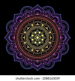 Color circular pattern in form of mandala with flower for decoration or print. Decorative ornament in ethnic oriental style. Rainbow design on black background.