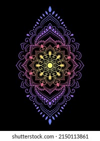 Color circular pattern in form of mandala with flower for decoration or print. Decorative ornament in ethnic oriental style. Rainbow design on black background.