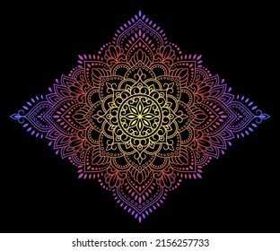 Color circular pattern in form of mandala with flower for decoration or print. Decorative ornament in ethnic oriental style. Rainbow design on black background.