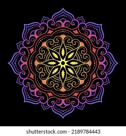 Color circular pattern in form of mandala with flower for decoration or print. Decorative ornament in ethnic oriental style. Rainbow design on black background.