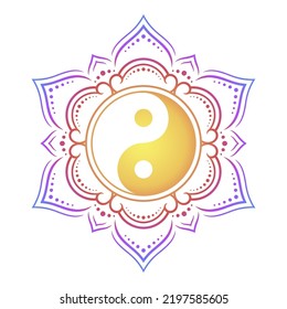 Color Circular pattern in form of mandala with ancient hand drawn symbol Yin-yang for decoration. Decorative ornament in oriental style. Rainbow design on white background.