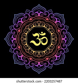 Color Circular pattern in form of mandala with ancient Hindu mantra OM for Henna, Mehndi, decoration. Decorative ornament in oriental style. Rainbow design on black background.