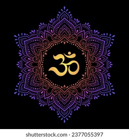 Color Circular pattern in form of mandala with ancient Hindu mantra OM and flower for Henna, Mehndi, decoration. Decorative ornament in oriental style. Rainbow design on black background.