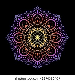 Color circular pattern in form of mandala with flower for decoration or print. Decorative ornament in ethnic oriental style. Rainbow design on black background.