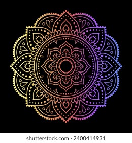 Color circular pattern in form of mandala with flower for decoration or print. Decorative ornament in ethnic oriental style. Rainbow design on black background.