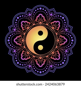 Color Circular pattern in form of mandala with ancient hand drawn symbol Yin-yang for decoration. Decorative ornament in oriental style. Rainbow design on black background.