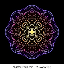 Color circular pattern in form of mandala with flower for decoration or print. Decorative ornament in ethnic oriental style. Rainbow design on black background.