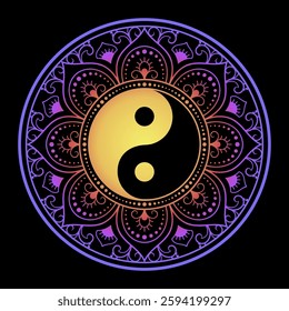 Color Circular pattern in form of mandala with ancient hand drawn symbol Yin-yang for decoration. Decorative ornament in oriental style. Rainbow design on black background.