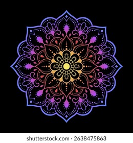 Color circular pattern in form of mandala with flower for decoration or print. Decorative ornament in ethnic oriental style. Rainbow design on black background.