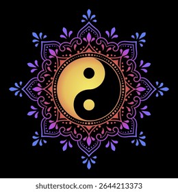 Color Circular pattern in form of mandala with ancient hand drawn symbol Yin-yang for decoration. Decorative ornament in oriental style. Rainbow design on black background.
