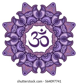Color circular pattern in form of mandala. Decorative ornament in oriental style with ancient Hindu mantra OM.