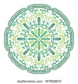 Color circular pattern. Round kaleidoscope of floral elements. Postcard.