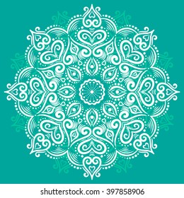 Color circular pattern. Round kaleidoscope of floral elements. Postcard.