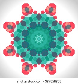 Color circular pattern. Round kaleidoscope of geometric elements. Postcard.