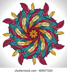 Color circular pattern. Round kaleidoscope of  feathers and floral elements