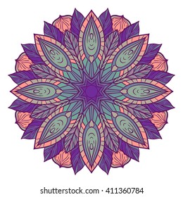 Color circular pattern. Round kaleidoscope of floral elements. Postcard. Abstraction