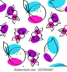 Color Citrus y Blueberry Vector Patrón blanco transparente. Textura Adorable de Apple y Peach. Ilustración de Bright Apricot y Lime Sketch.
