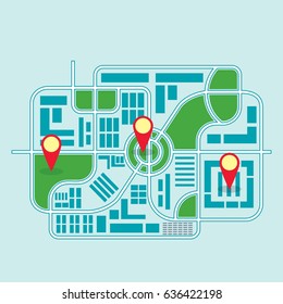 Color city map with red markers. Streets with intersections, houses and buildings, squares and parks in urban landscape. Flat vector cartoon illustration. Objects isolated on a white background.