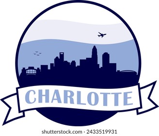 Color city skyline of Charlotte North Carolina inside circle graphic with wavy white and light blue cloudy sky background and waving scroll banner with text inside. Vector eps graphic design.