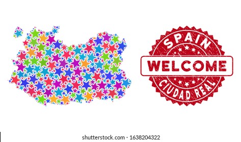 Color Ciudad Real Province map collage of stars, and grunge rounded red WELCOME stamp seal. Abstract territorial scheme in colorful color tints.