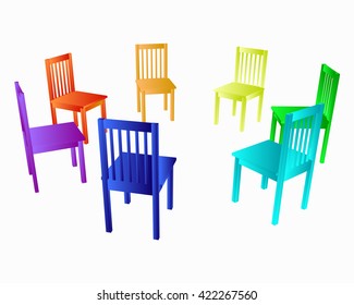 Color classic chairs 3d. Chairs standing in a circle painted in the colors of the rainbow. A set of furniture. Vector illustration.