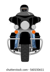 Color classic heavy touring motorcycle with rider wearing helmet and jeans pants front view isolated on white vector illustration